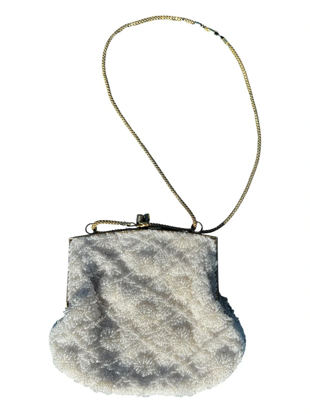 Vintage Ivory Beaded Clutch Purse Gold Chain Made in Hong Kong Hand Made